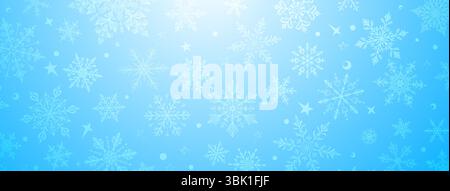 A vibrant Christmas illustration featuring intricate snowflakes in various sizes and designs, interspersed with stars and circular elements, in light Stock Vector