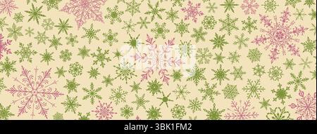 A vibrant Christmas illustration featuring various intricate snowflakes of varying sizes and designs, green and purple on beige background. Stock Vector