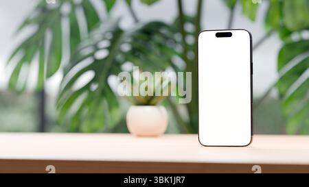 Mobile phone over wooden table desk with blank screen for mockup. Cool and natural background. Copy space, empty space background for design or text. Stock Photo