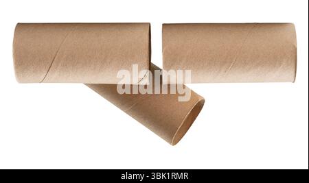 Top view of tissue paper cores or toilet paper tubes in stack after used out in toilet or restroom is isolated on white background with clipping path. Stock Photo