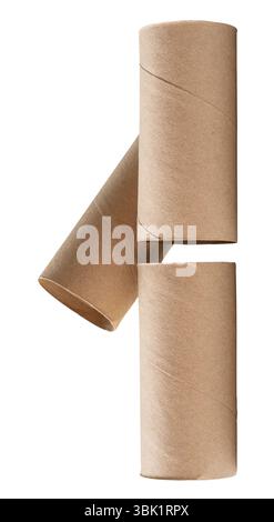 Top view of tissue paper cores or toilet paper tubes in stack after used out in toilet or restroom is isolated on white background with clipping path. Stock Photo