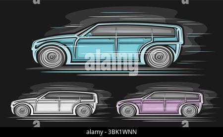 Vector futuristic SUV Cars set, horizontal automotive poster with three isolated simple clipart of exotic concept cars in moving, running hand drawn l Stock Vector