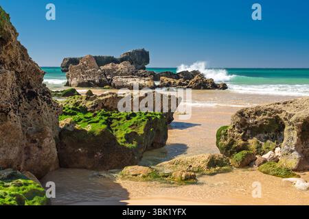Offshore rocks, sea stacks and surf on Tonel Beach, Sagres, Algarve, Portugal, Europe. Stock Photo