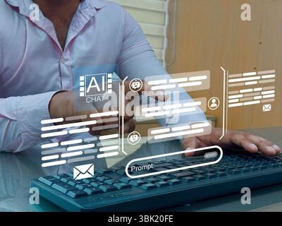 Businessman entrepreneur use artificial intelligence AI technology for enhanced work efficiency, Unlocking work potential with AI solutions. Chatbot h Stock Photo