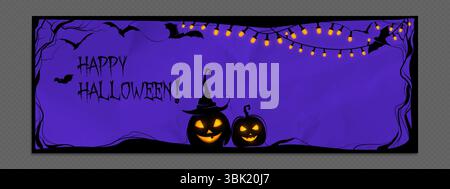 Halloween social media banner frame with purple paper textured background - spooky glowing pumpkin lanterns, string lights and flying bats. Happy holiday greeting with twisted tree branches. Stock Vector