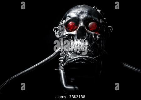 Skull of a human size robot isolated on black Stock Photo