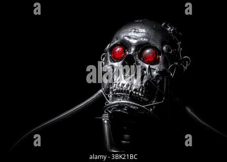Skull of a human size robot isolated on black Stock Photo