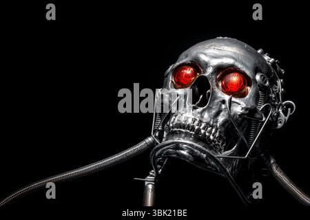 Skull of a human size robot isolated on black Stock Photo