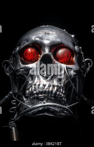 Skull of a human size robot isolated on black Stock Photo