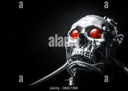Skull of a human size robot isolated on black Stock Photo