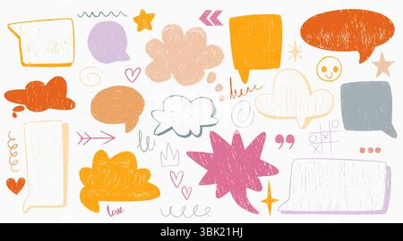 Crayon drawn speech bubble set - hand sketched communication elements with textured strokes. Colorful thought clouds, dialogue boxes and doodles for kids illustrations, playful messaging design. Stock Vector