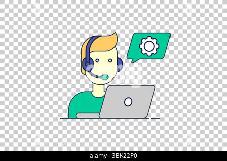 Vector illustration of customer support agent with headset and gear icon for technical assistance on transparent background Stock Vector