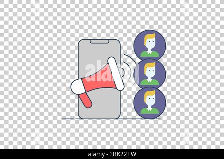 Vector illustration of smartphone with red megaphone and avatars, symbolizing digital communication and social media outreach Stock Vector