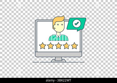 Vector illustration of computer monitor showing user rating with five stars and checkmark for customer satisfaction feedback Stock Vector