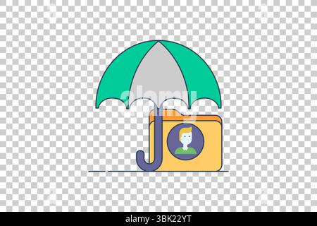 Vector illustration of a stylized umbrella protecting a file folder with a profile icon, symbolizing privacy and data security Stock Vector
