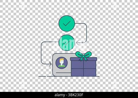 Vector illustration of gift box with profile icon and green checkmarks indicating verification or approval process Stock Vector