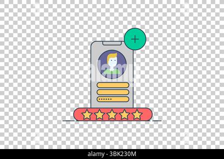 Vector illustration of smartphone interface with profile, password field, rating stars, and add button on transparent background Stock Vector