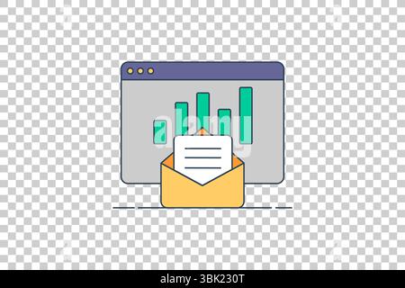 Vector illustration of a computer window with bar charts and an envelope symbolizing email reports and data analysis Stock Vector