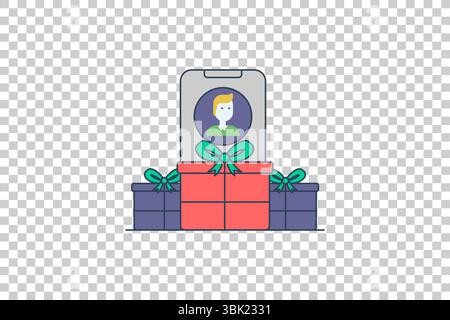 Vector illustration of smartphone with profile icon surrounded by blue and red gift boxes on transparent background Stock Vector