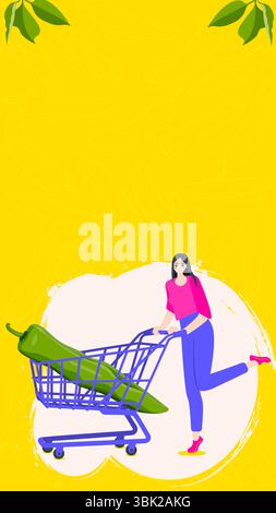 A woman holds cart with Anaheim pepper or California pepper or Magdalena pepper or Hatch pepper. Vertical banner. Isolated vector illustration. Stock Vector
