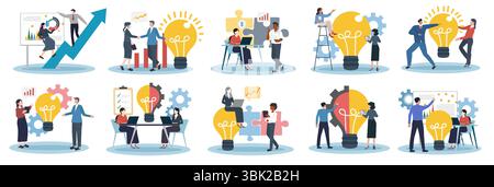 Business creative teamwork showcasing ideas with lightbulb and puzzle pieces. Vector illustration Stock Vector