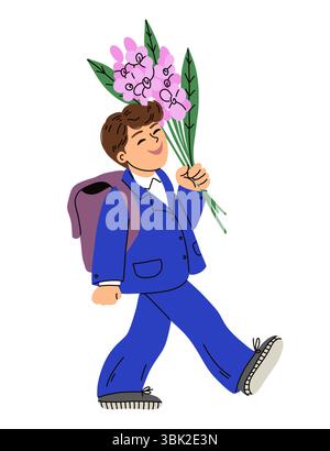 Schoolchild walking with a backpack and flowers Stock Vector