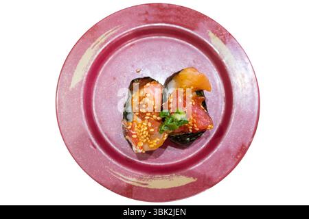 Die cut of Salmon Yukke or Salmon Tartare sushi on white isolated Stock Photo