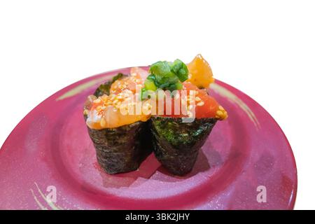 Die cut of Salmon Yukke or Salmon Tartare sushi on white isolated Stock Photo