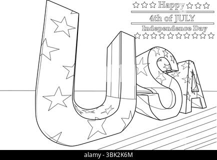 Black and white line art illustration perfect for coloring, featuring large block letters 'USA' decorated with stars and accompanying text 'Happy 4th Stock Vector