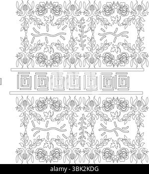 Black and white line art illustration of a traditional Indian pattern. Features repeating floral motifs, stylized leaves, and a central geometric band Stock Vector