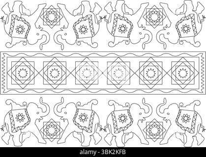 Line art illustration featuring stylized Indian elephants adorned with traditional patterns and floral motifs, presented alongside a separate geometri Stock Vector