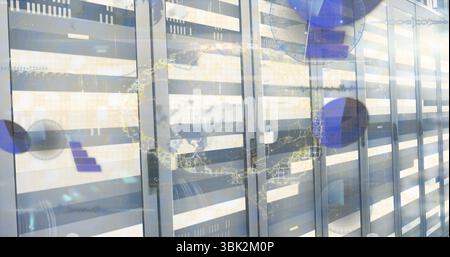 Glowing metal server racks humming in secure data center corridor, with digital world map overlay Stock Photo