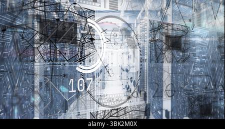 Central data center corridor extending in server room, with network cables, LEDs, gauge overlay Stock Photo