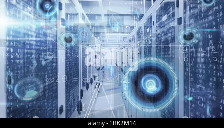 Displaying server rack corridor showing digital overlay in data center, blinking LEDs and cables Stock Photo