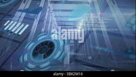 Displaying holographic interface floating inside data corridor, with server racks and LED lights Stock Photo