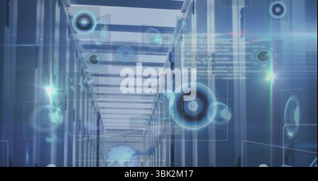 Extending server racks lining data center aisle, with patch cables and holographic UI elements Stock Photo