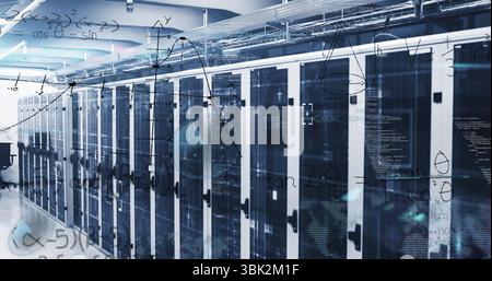 Glowing server cabinets flashing LEDs in data center aisle, showing floating equations and cables Stock Photo