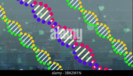 Displaying colorful DNA helices weaving across city skyline, with line charts and icons Stock Photo