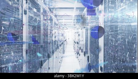 Displaying server racks lining data center corridor with switches, blinking LEDs, circuit overlays Stock Photo