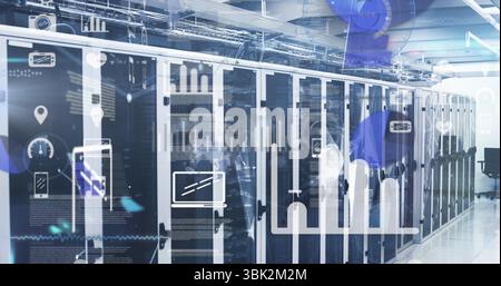 Showcasing server racks revealing blinking LEDs and cables in data center, with digital overlays Stock Photo
