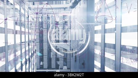 Showing server rack corridor featuring blinking units in data center with cables and HUD overlay Stock Photo