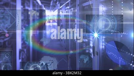 Glowing server cabinets forming narrow data center corridor, displaying holographic UI elements Stock Photo