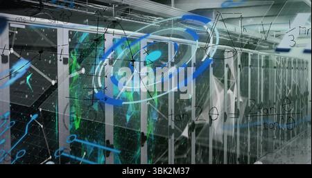 Displaying server racks revealing blinking LED lights in data center corridor, with holograms Stock Photo