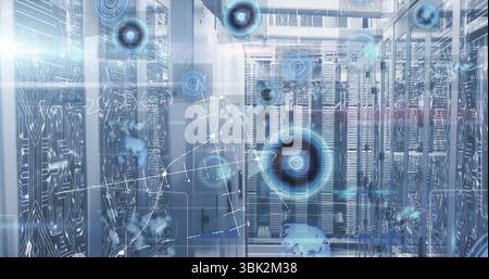 Showing central server racks streaming data graphs with blinking LEDs in data center, network nodes Stock Photo