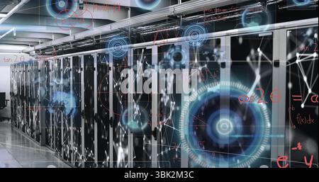 Glowing server racks projecting holographic network visuals in data center, floating formulas Stock Photo