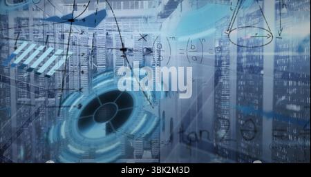 Projecting holographic circular interface floating in server room, with racks, LEDs and data arrows Stock Photo