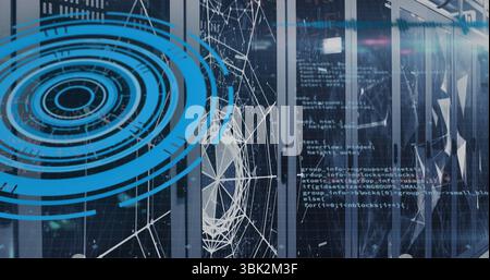 Featuring server rack displaying wireframe sphere in data center with blue circles and code Stock Photo