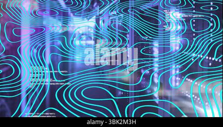 Displaying cyan contour lines over blurred server racks and equipment, with glowing code displays Stock Photo