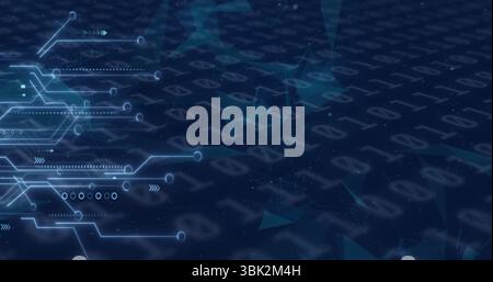 Displaying circuit graphic on left, with glowing pathways, nodes, binary mesh, speckles, copy space Stock Photo