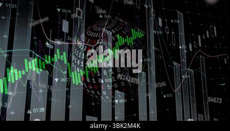 Displaying data visualization on dark grid, showing financial charts, numeric labels, binary sphere Stock Photo